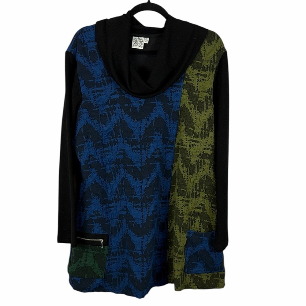 Parsley & Sage Cowl Neck Tunic Top Blue & Green Patchwork Pockets Large